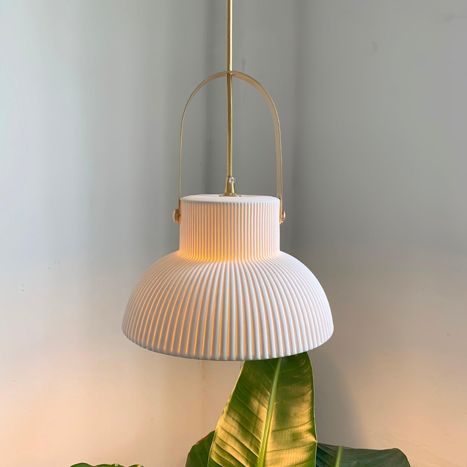 Eclipse Pendant Lamp Ribbed White Ceramic with Brass Handle - Neutralighting