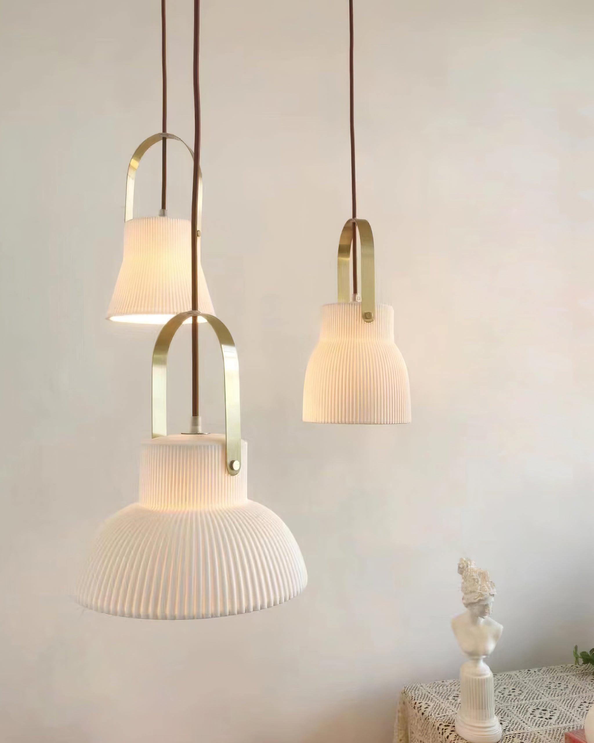 Eclipse Pendant Lamp Ribbed White Ceramic with Brass Handle - Neutralighting