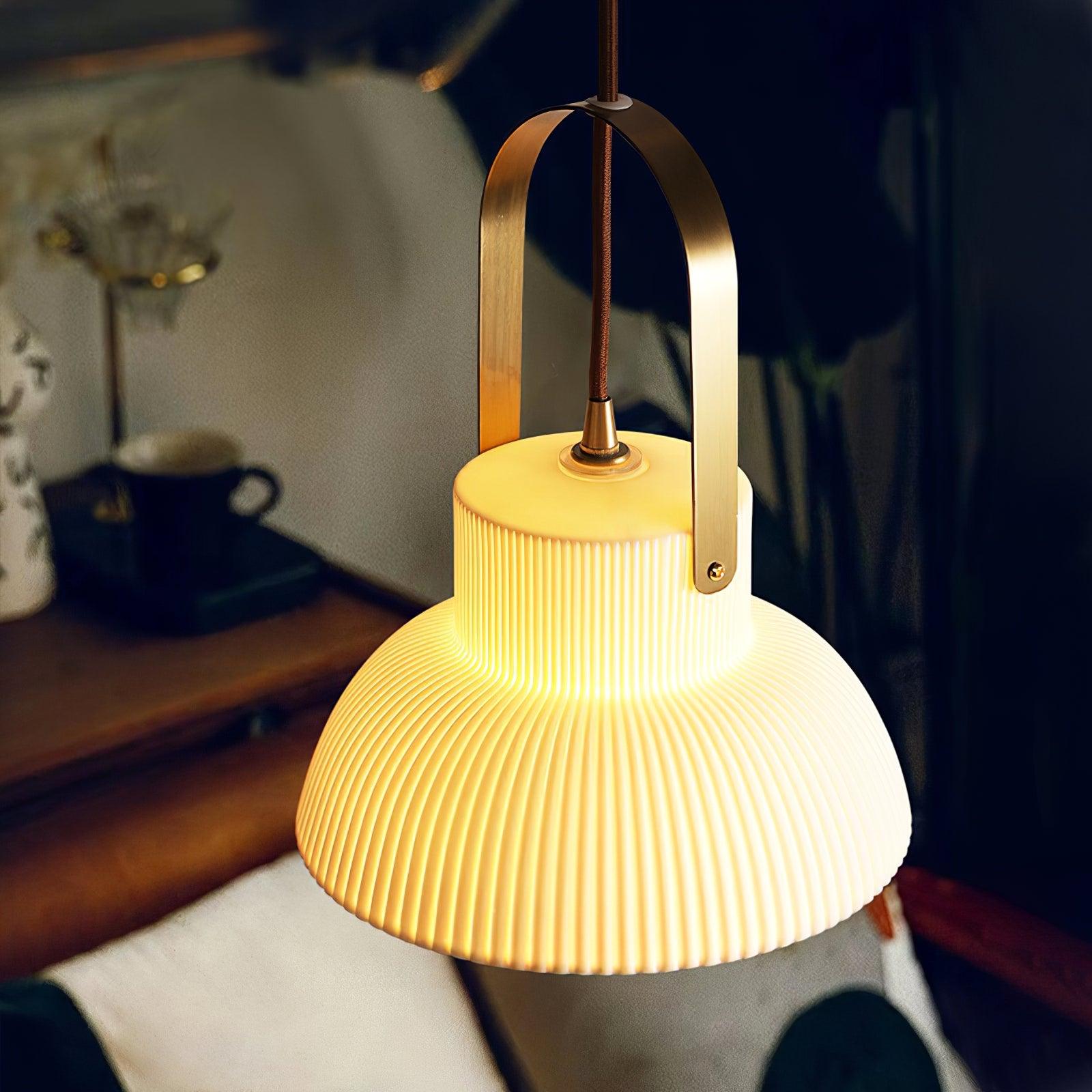 Eclipse Pendant Lamp Ribbed White Ceramic with Brass Handle - Neutralighting