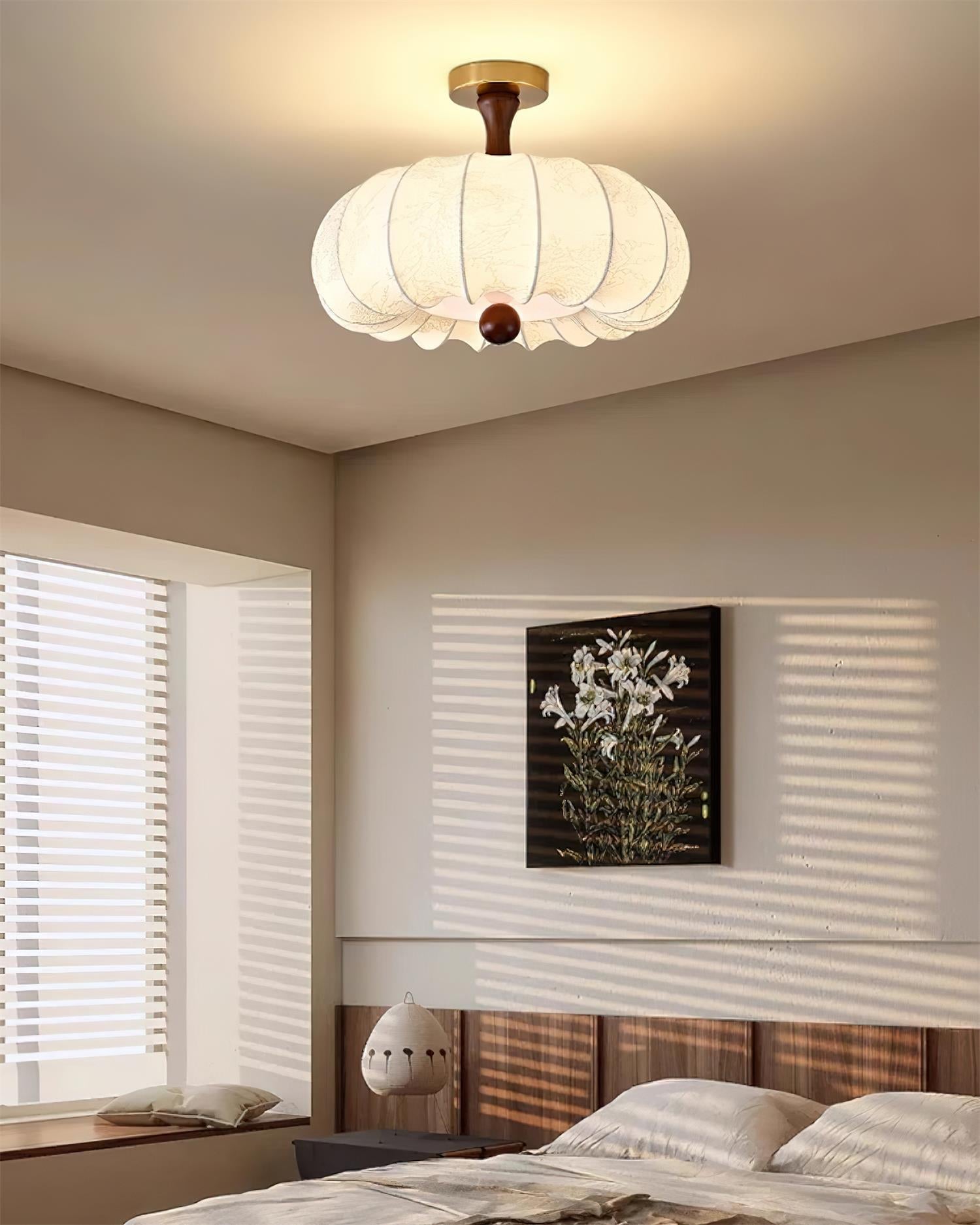 Ceiling Light Scalloped Fabric Shade Walnut Wood Canopy Vintage - Letslighting