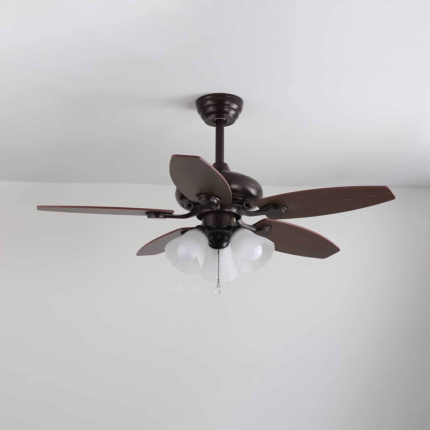 Plafonnier ventilateur Florence Vintage en bois et verre, emballage