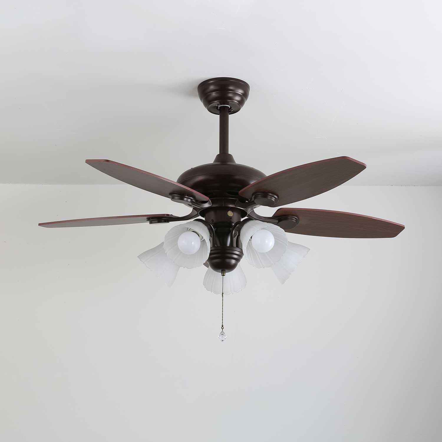 Plafonnier ventilateur Florence Vintage en bois et verre avec abat-jour en verre ambré