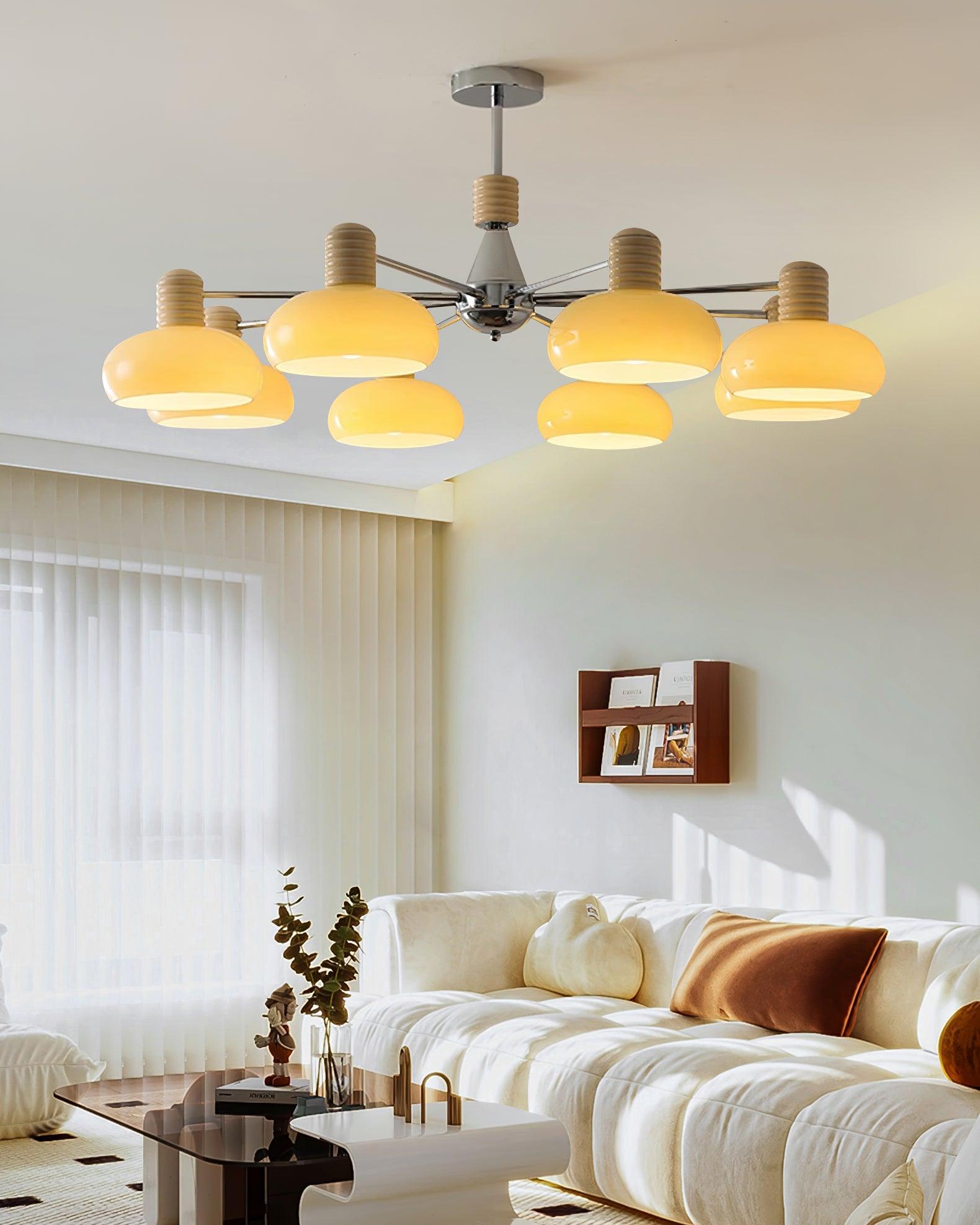 Zephyren Lustre Persimmon avec abat-jours en verre beige et structure chromée - Neutralighting