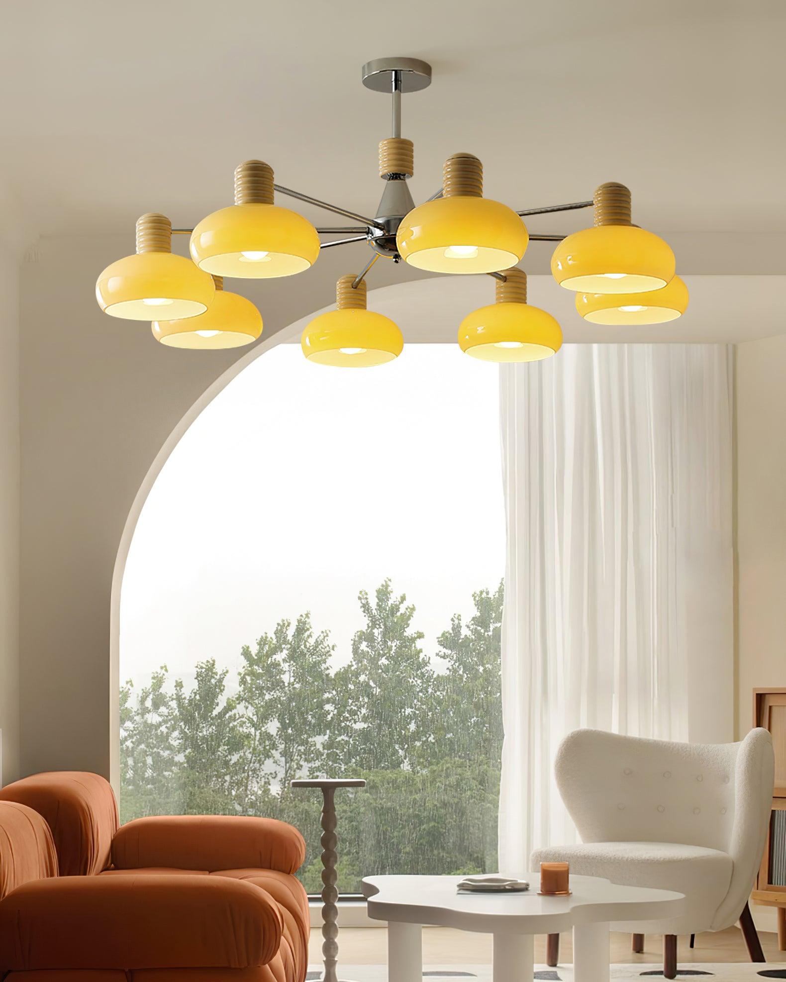 Zephyren Lustre Persimmon avec abat-jours en verre beige et structure chromée - Neutralighting