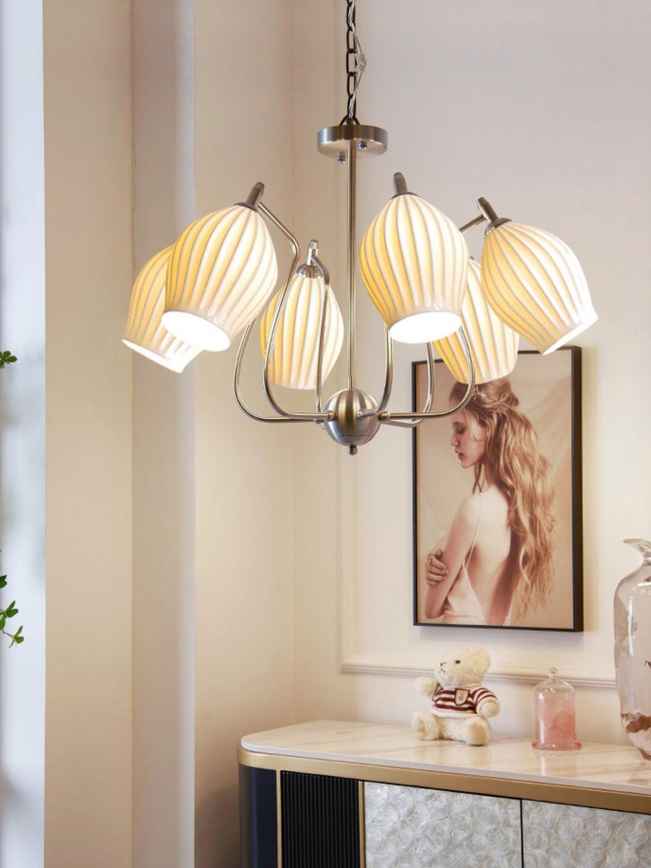 Lustra Chandelier Ceramic Ribbed Sculptural Glass Elegant - Letslighting