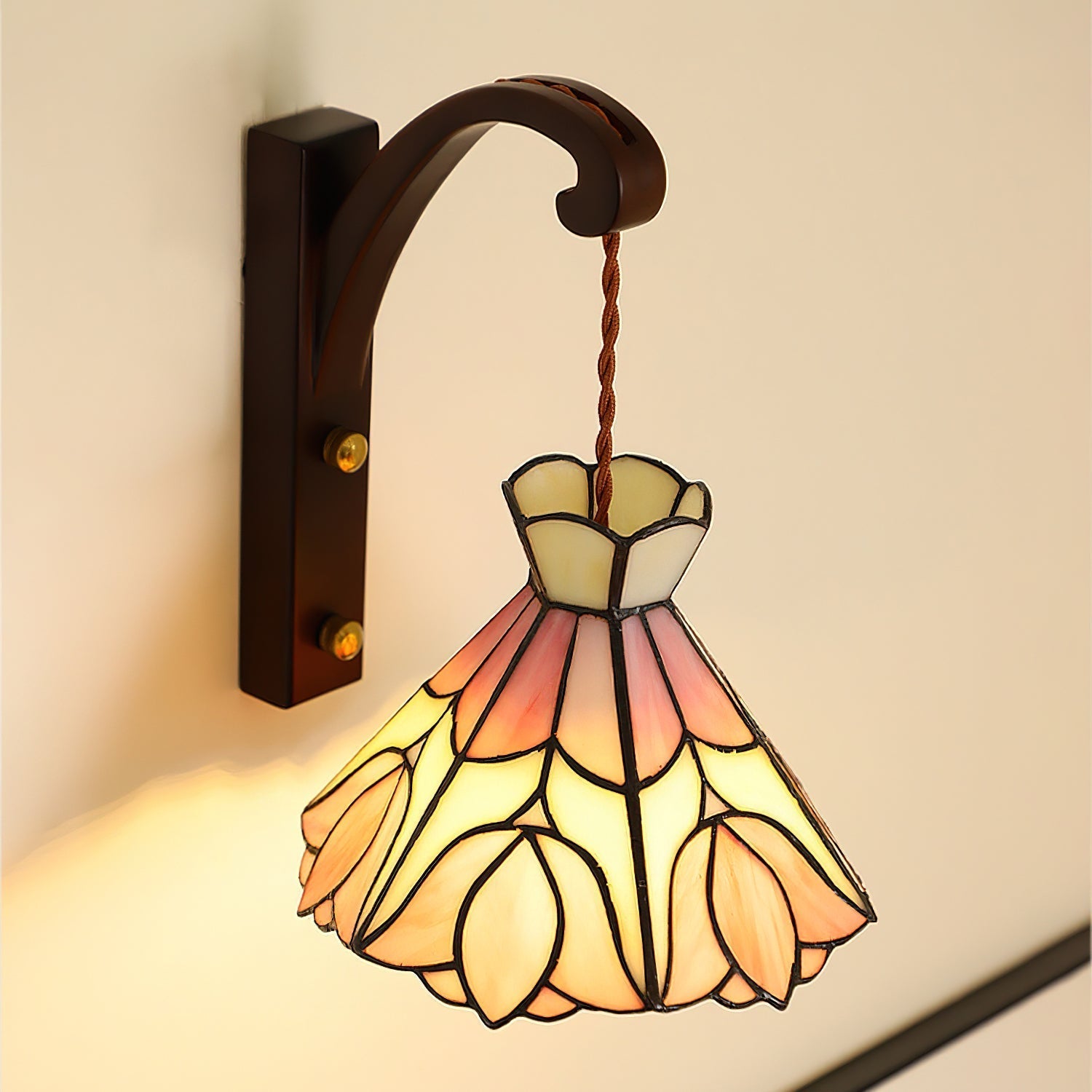 Wall Lamp Plug In Tiffany Stained Glass Floral Shade Wooden Bracket Vintage - Letslighting