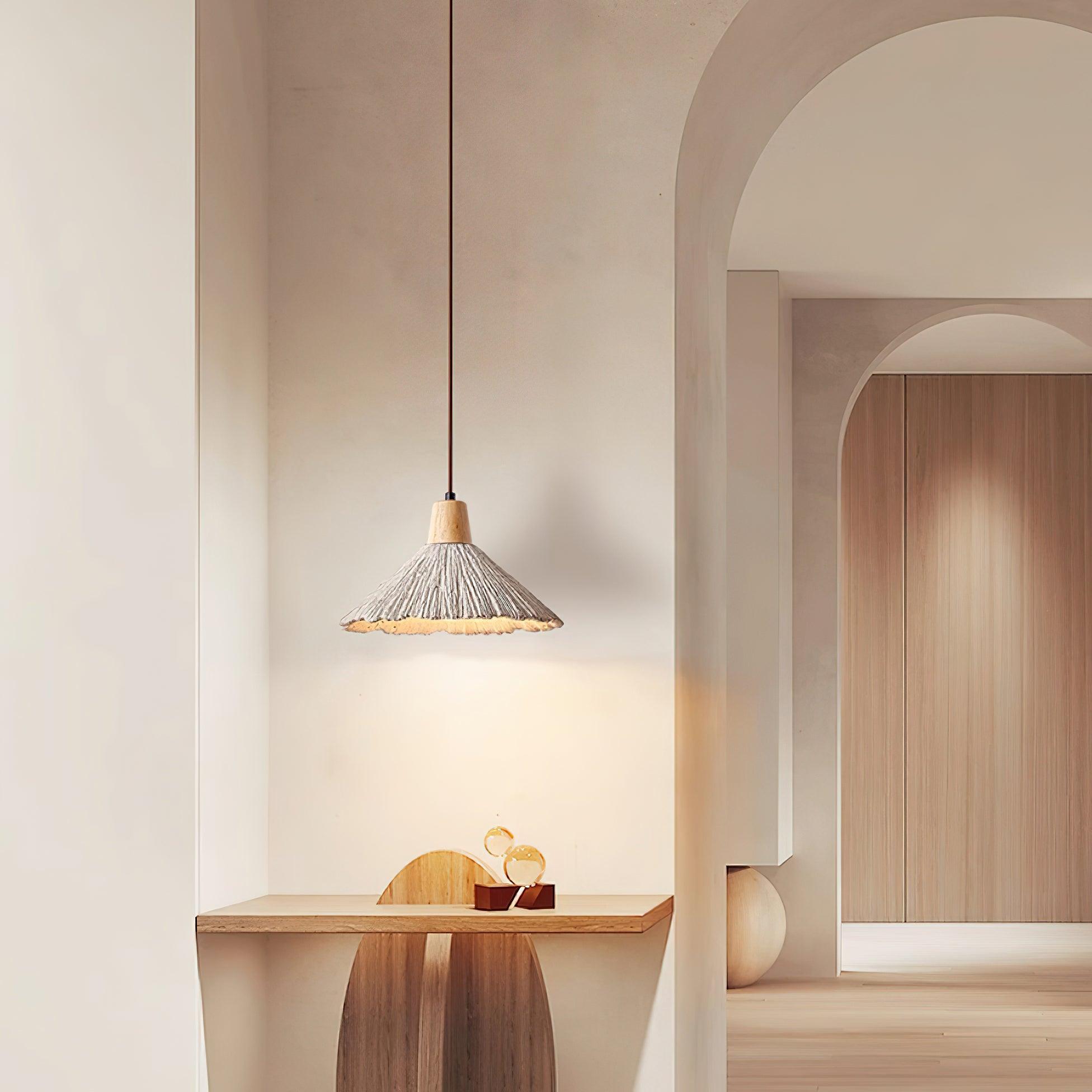 Pendant Lamp Wood Top Textured Cement Shade Grey Natural Japandi - Letslighting