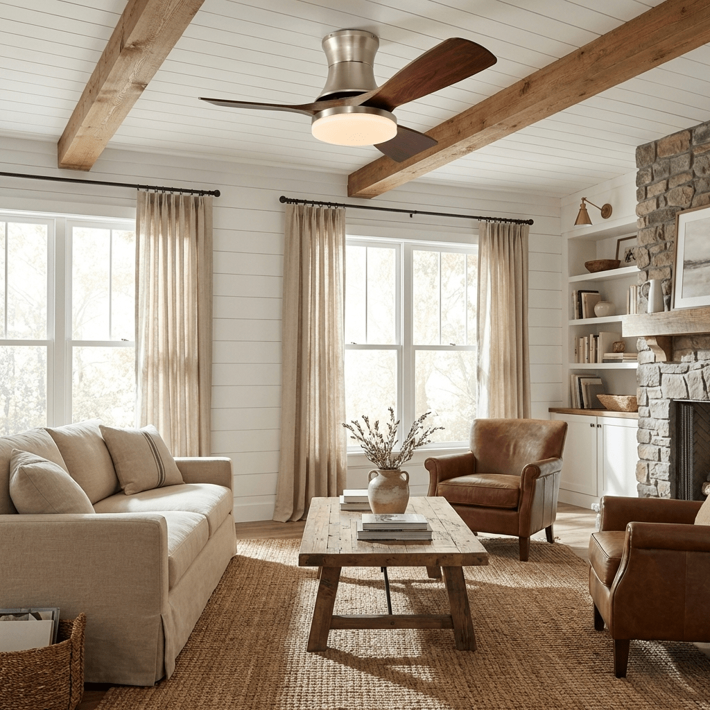 Plafonnier ventilateur Rowan Nickel installé dans un intérieur moderne