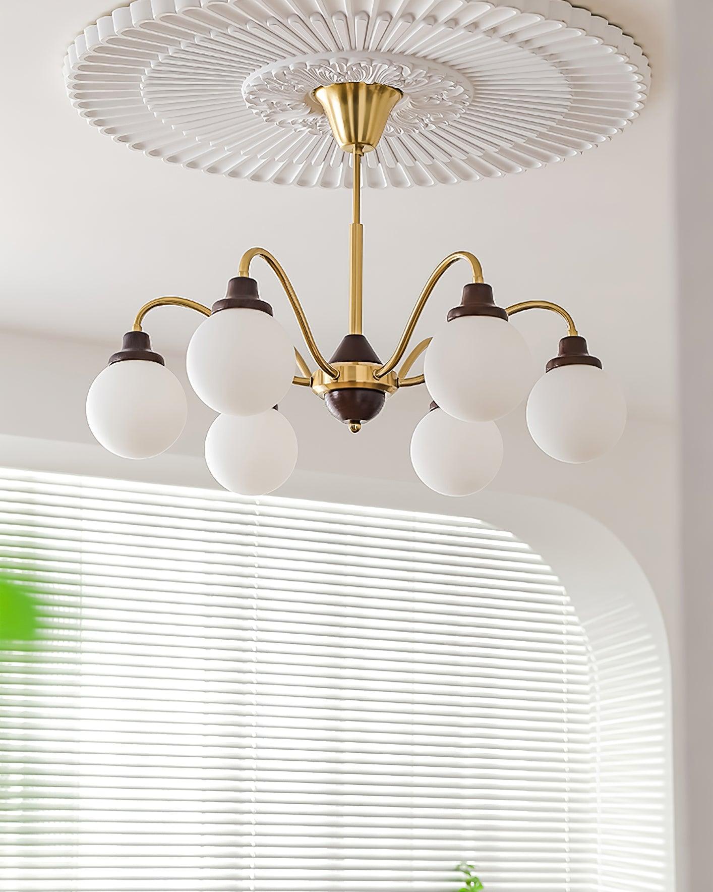 Chandelier Gold Arms&Ash Wood White Glass Globes Retro - Letslighting