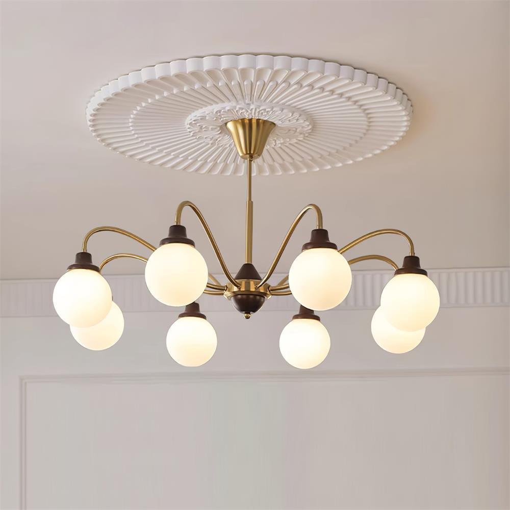 Chandelier Gold Arms&Ash Wood White Glass Globes Retro - Letslighting