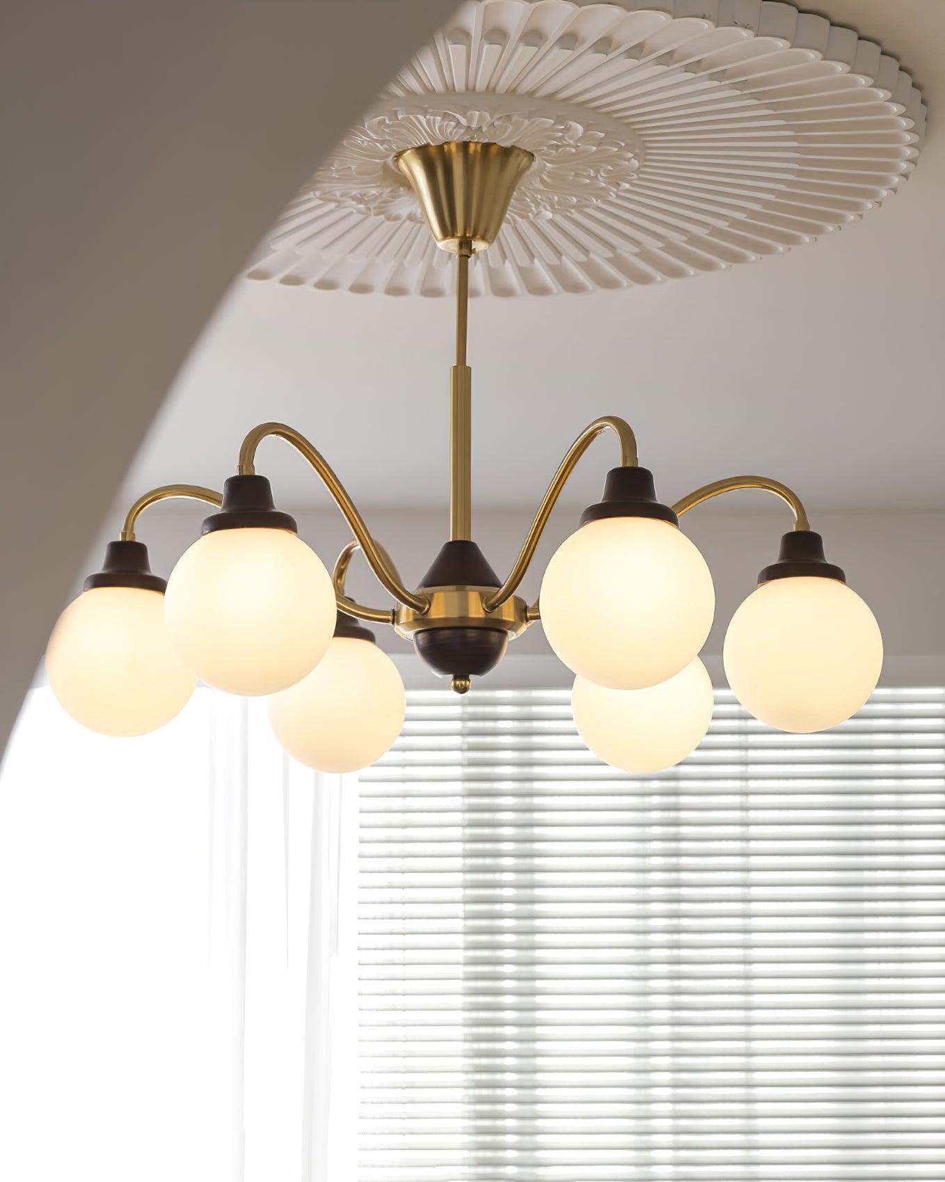 Chandelier Gold Arms&Ash Wood White Glass Globes Retro - Letslighting