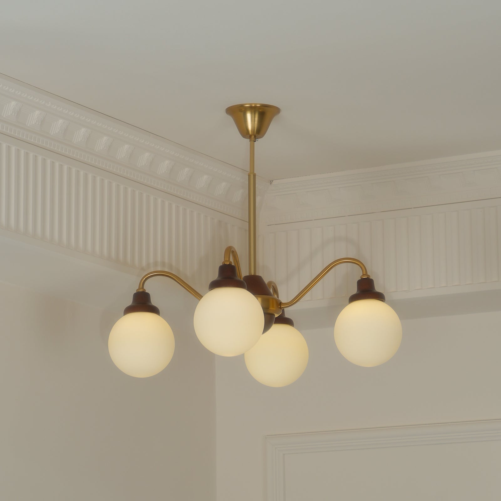Chandelier Gold Arms&Ash Wood White Glass Globes Retro - Letslighting
