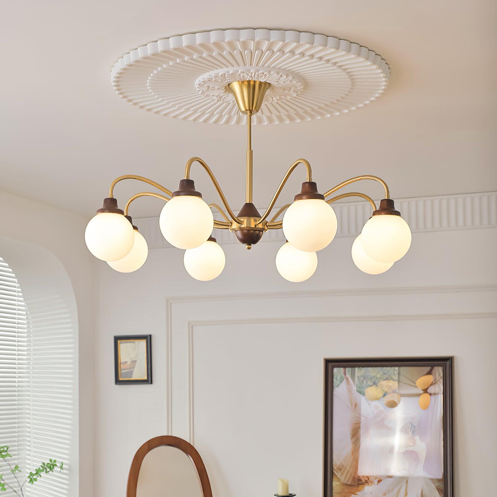 Chandelier Gold Arms&Ash Wood White Glass Globes Retro - Letslighting