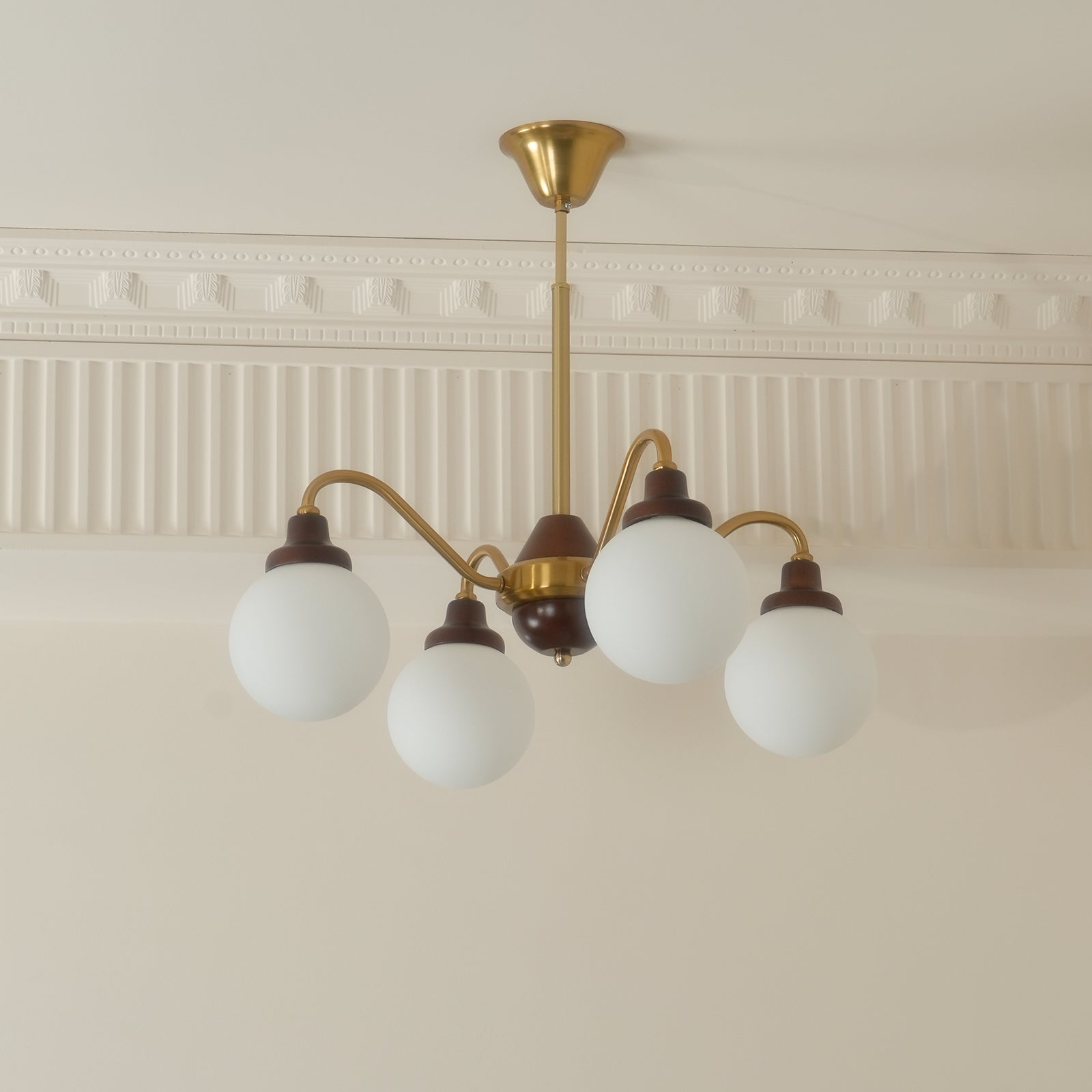 Chandelier Gold Arms&Ash Wood White Glass Globes Retro - Letslighting