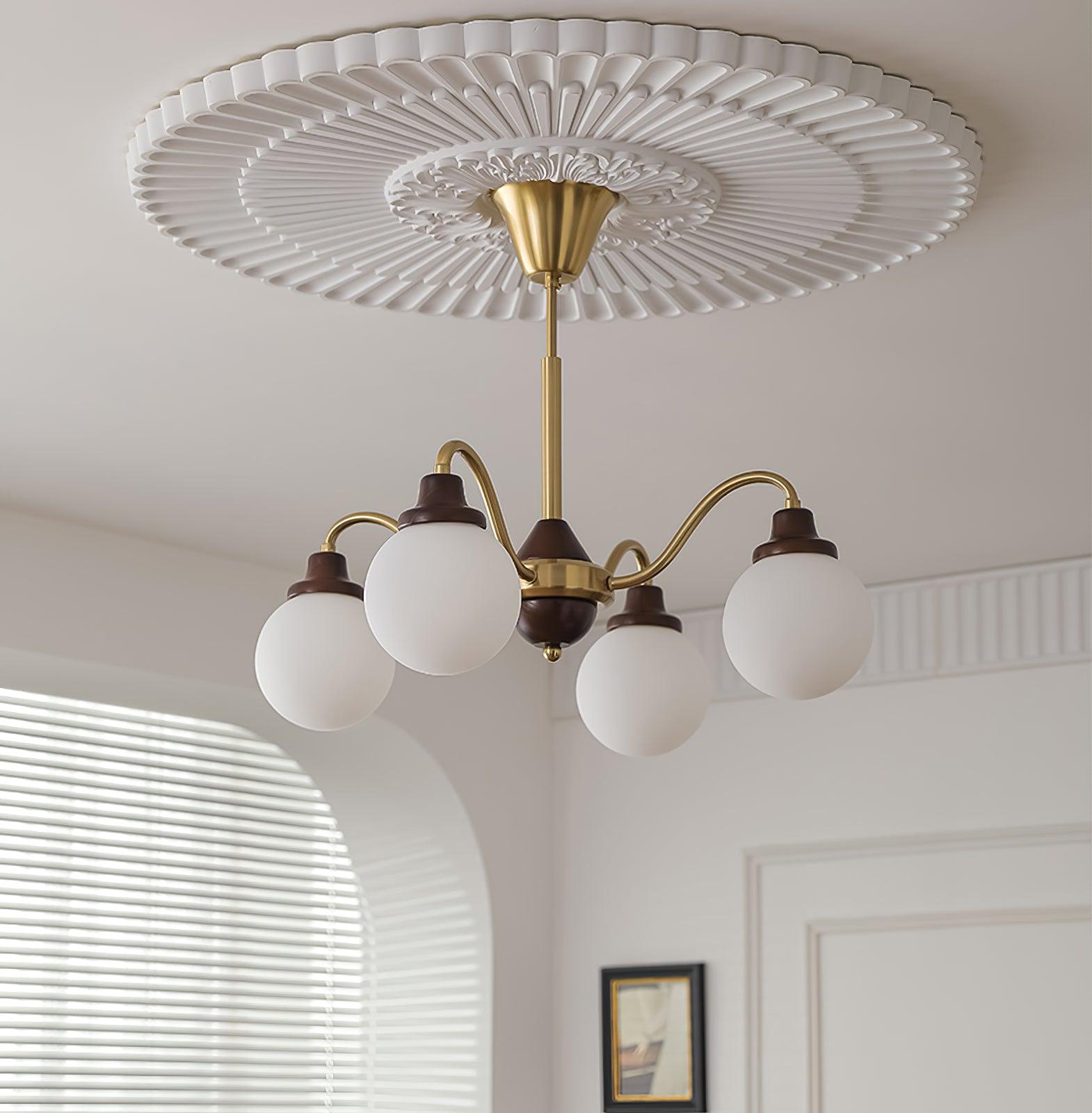 Chandelier Gold Arms&Ash Wood White Glass Globes Retro - Letslighting
