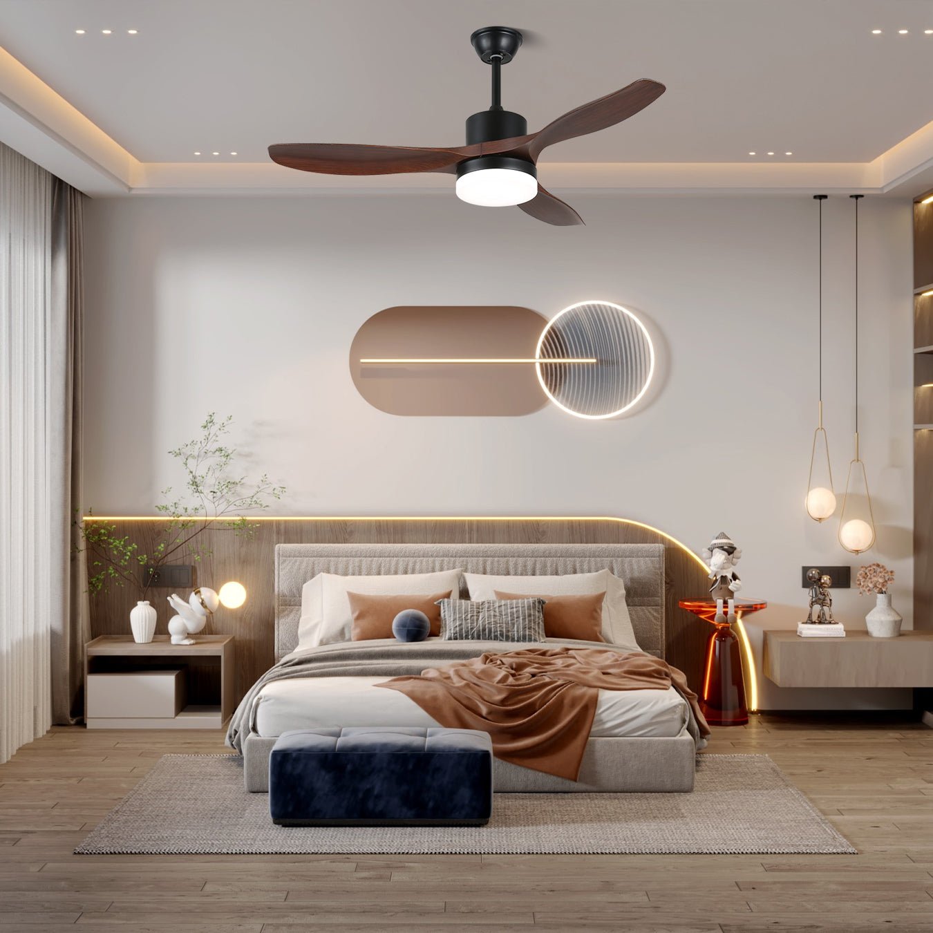 Vue latérale du plafonnier ventilateur Darian minimaliste en bois