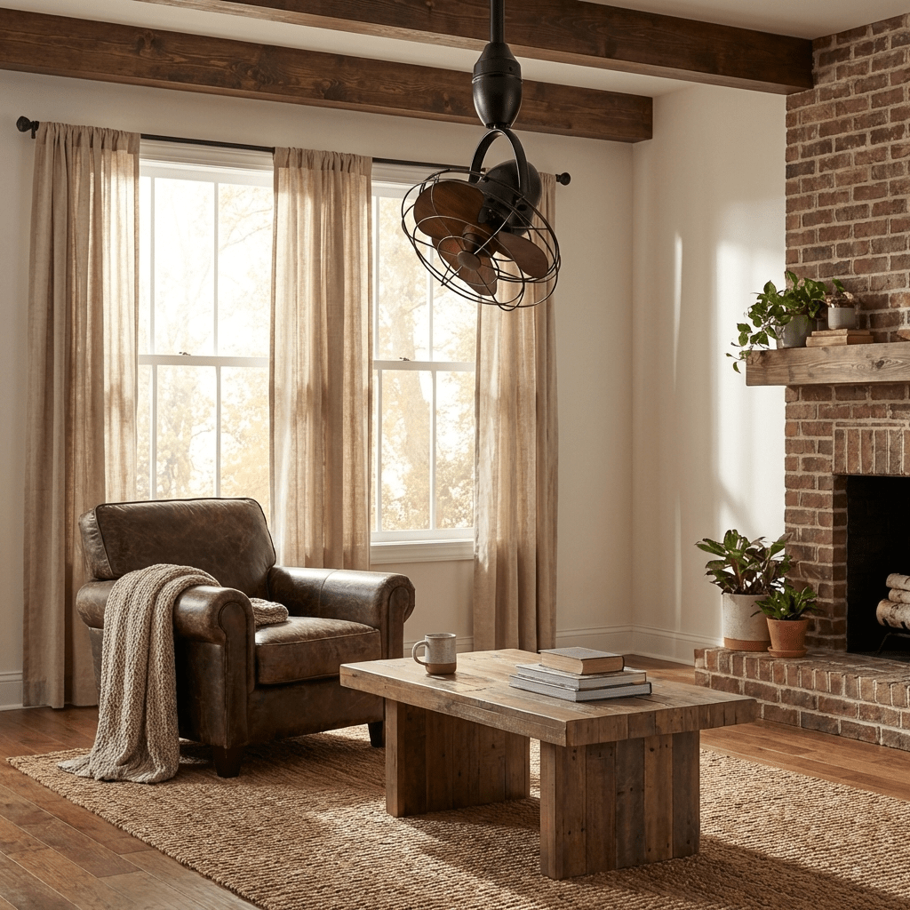 Gros plan des pales et du moteur du ventilateur de plafond industriel classique Winston