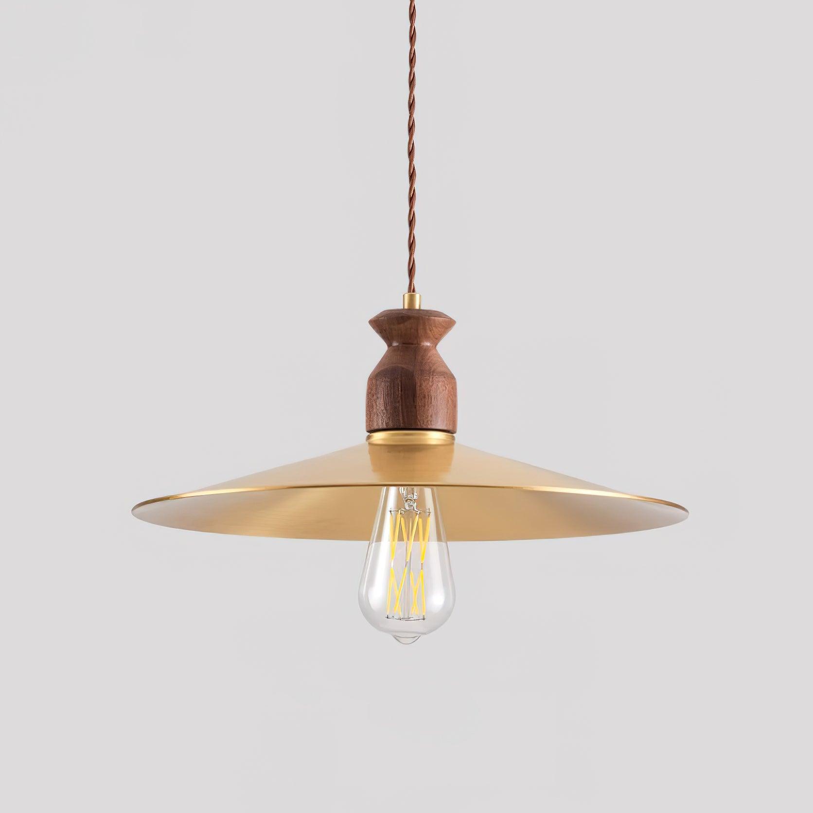 Pendant Lamp Scalloped Brass Shade Walnut Wood Vintage - Letslighting