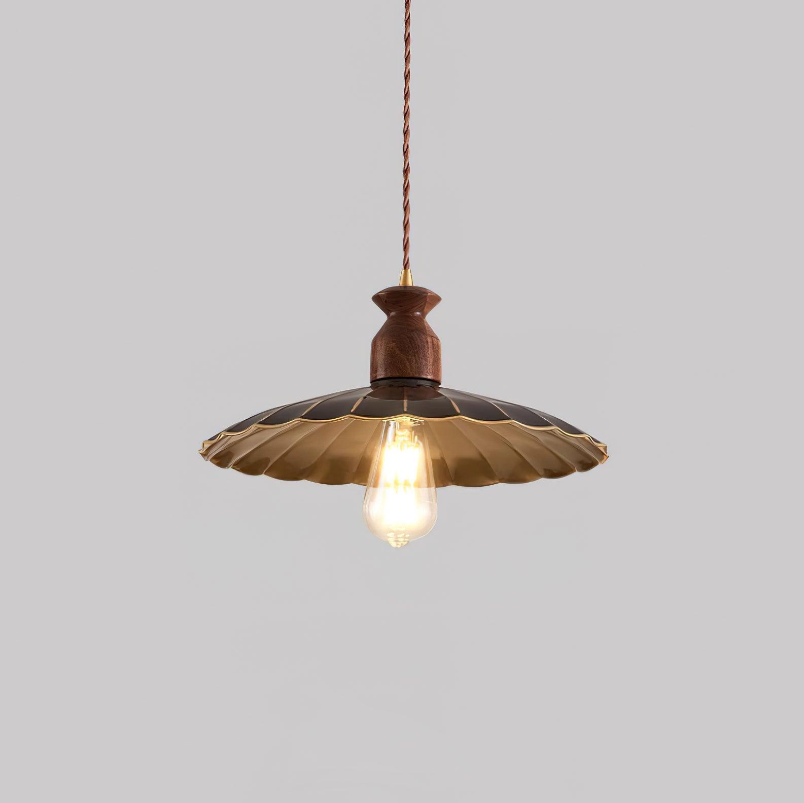 Pendant Lamp Scalloped Brass Shade Walnut Wood Vintage - Letslighting