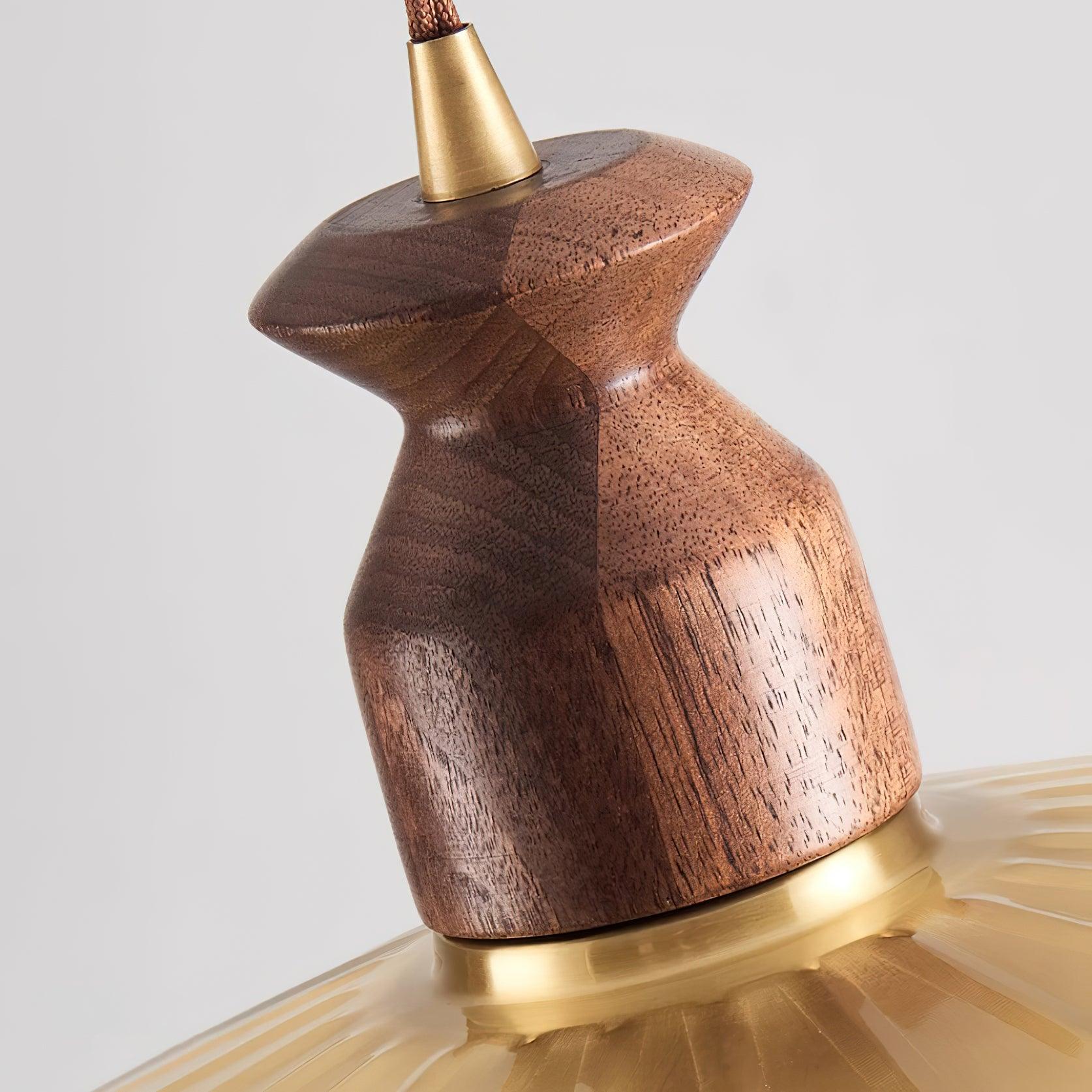 Pendant Lamp Scalloped Brass Shade Walnut Wood Vintage - Letslighting