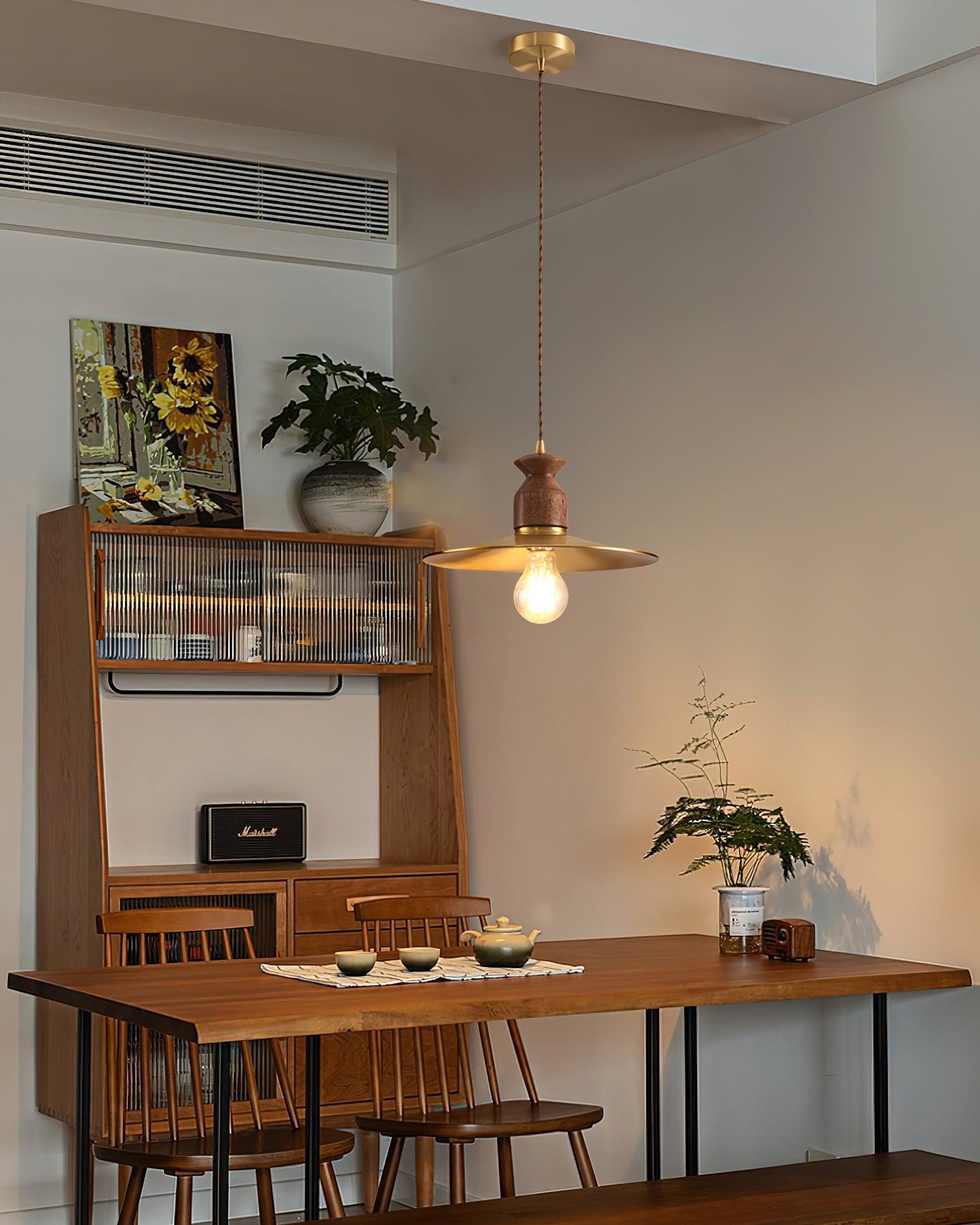 Pendant Lamp Scalloped Brass Shade Walnut Wood Vintage - Letslighting