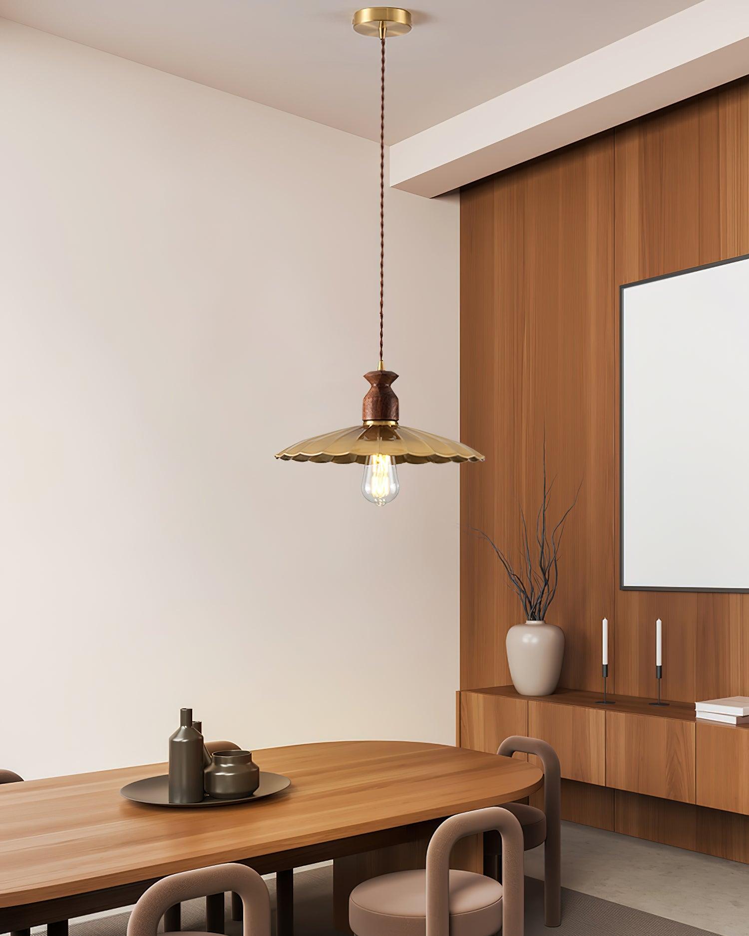 Pendant Lamp Scalloped Brass Shade Walnut Wood Vintage - Letslighting