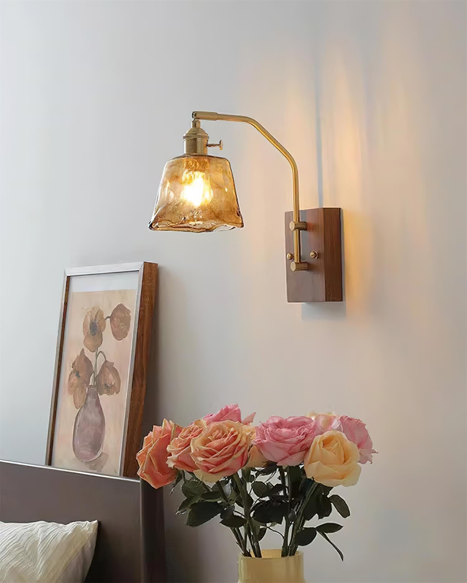 Wall Lamp Brass and Glass with Wood Backplate Vintage Artisan - Letslighting