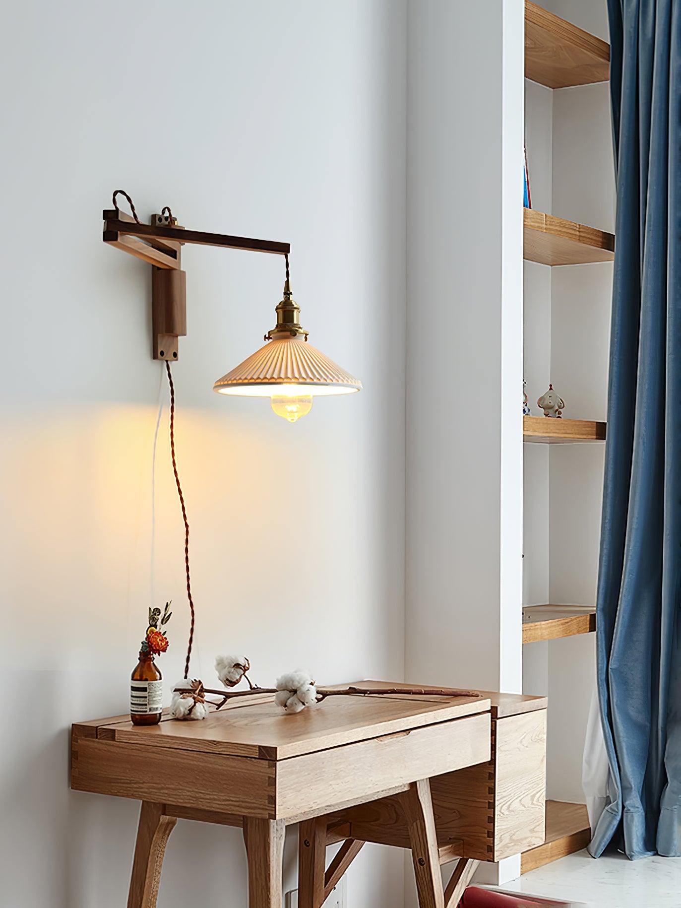Orphaarae Nordic Art Swing Arm Walnut Ceramic Wall Lamp - Neutralighting