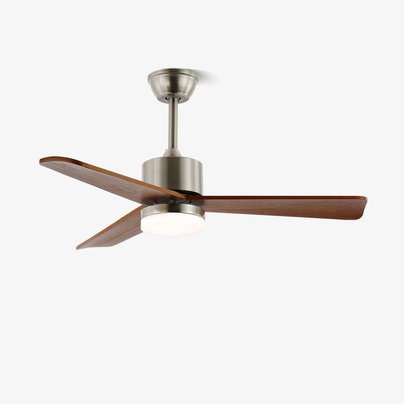 Ventilateur de plafond lumineux Ventio minimaliste en bois argenté, vue d'ensemble.