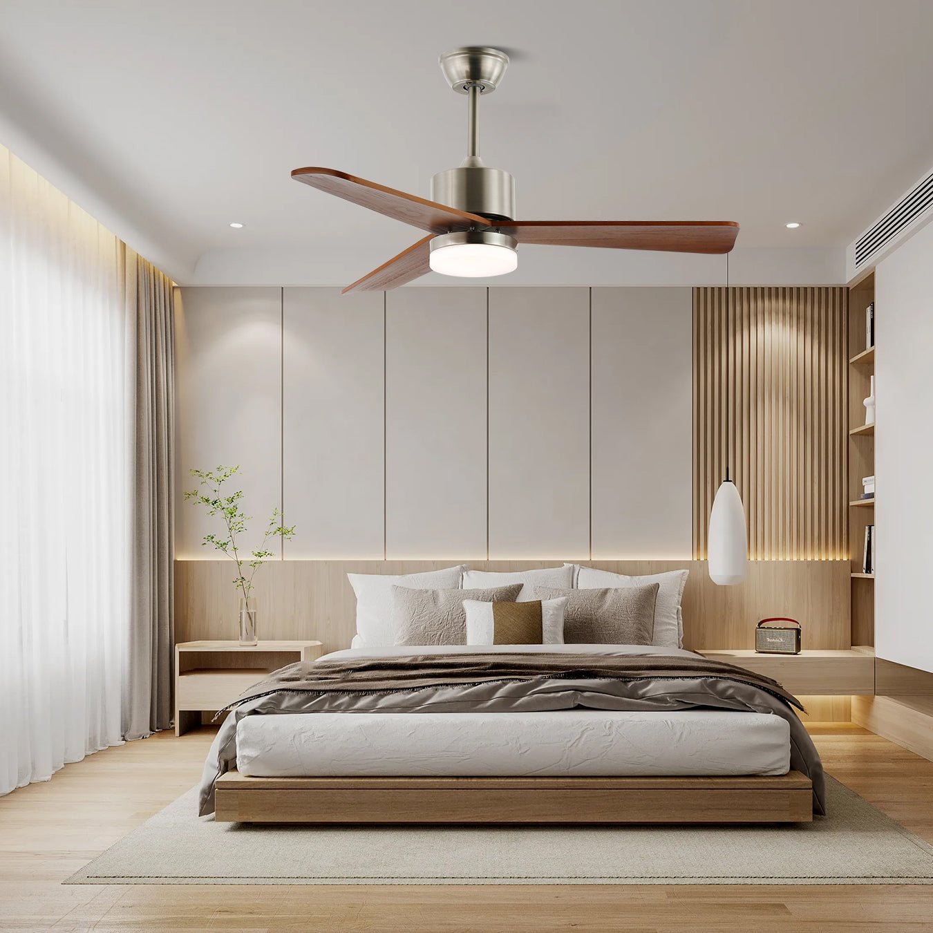 Gros plan sur la LED intégrée du ventilateur de plafond lumineux Ventio.