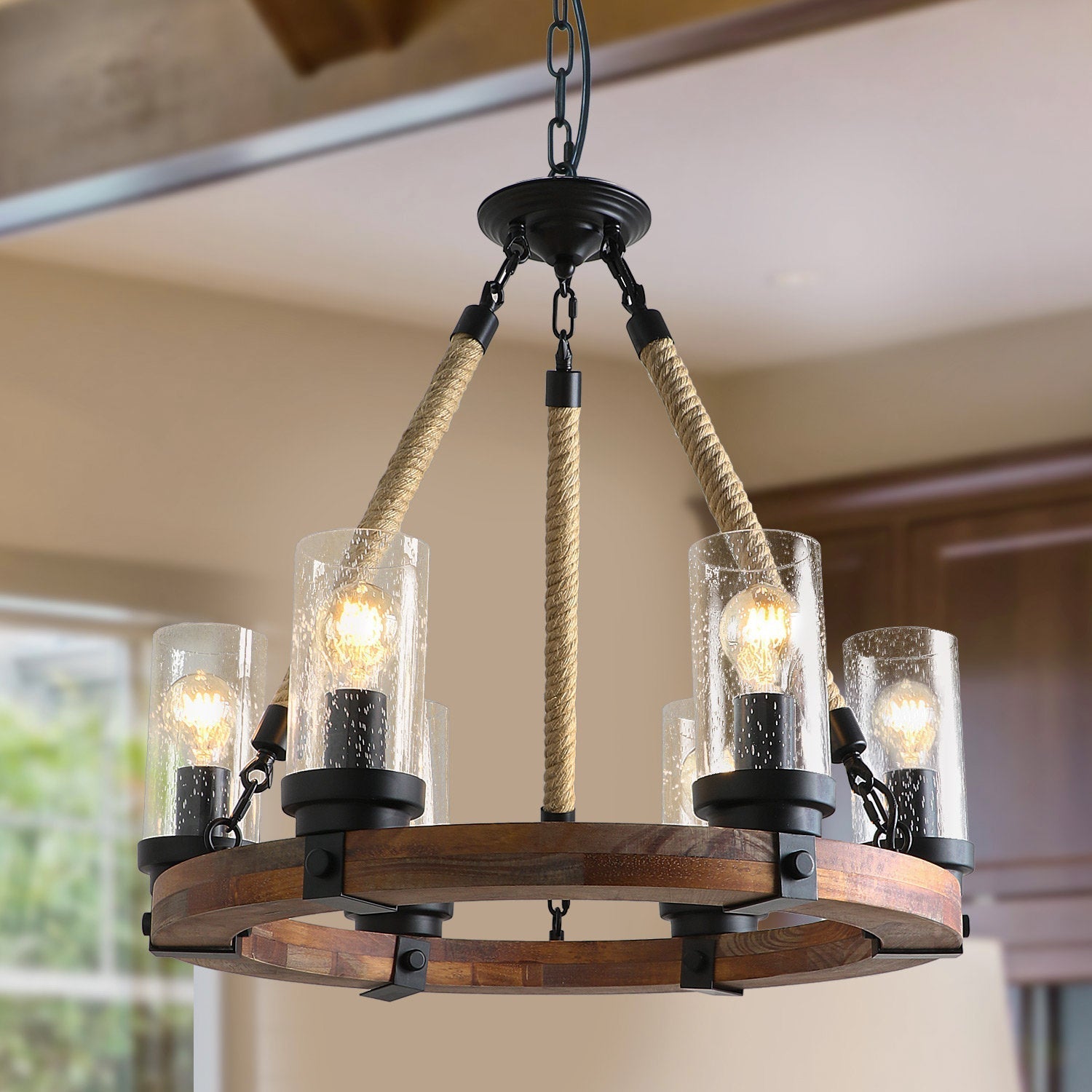 Zomiria Lustre Industriel Vintage Roue De Chariot En Bois - Neutralighting