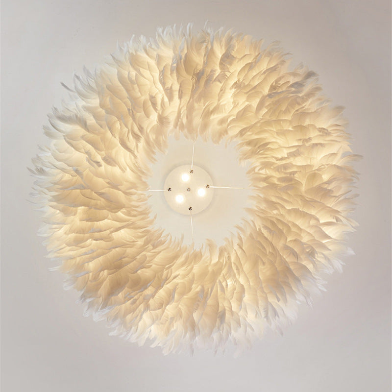 O'Moore Suspension Rond Moderne, Acrylique/Métal/Plume, Blanc, Chambre - Neutralighting