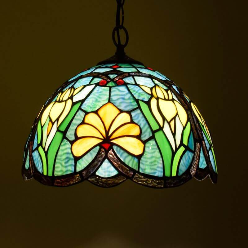 Tiffany Vintage Suspension Tachée Fleurs Verre Salon - Neutralighting