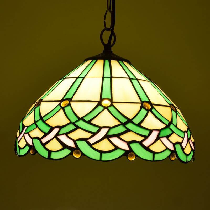 Tiffany Vintage Ligne Gemmes Cône Suspension Verre Métal Salon - Neutralighting