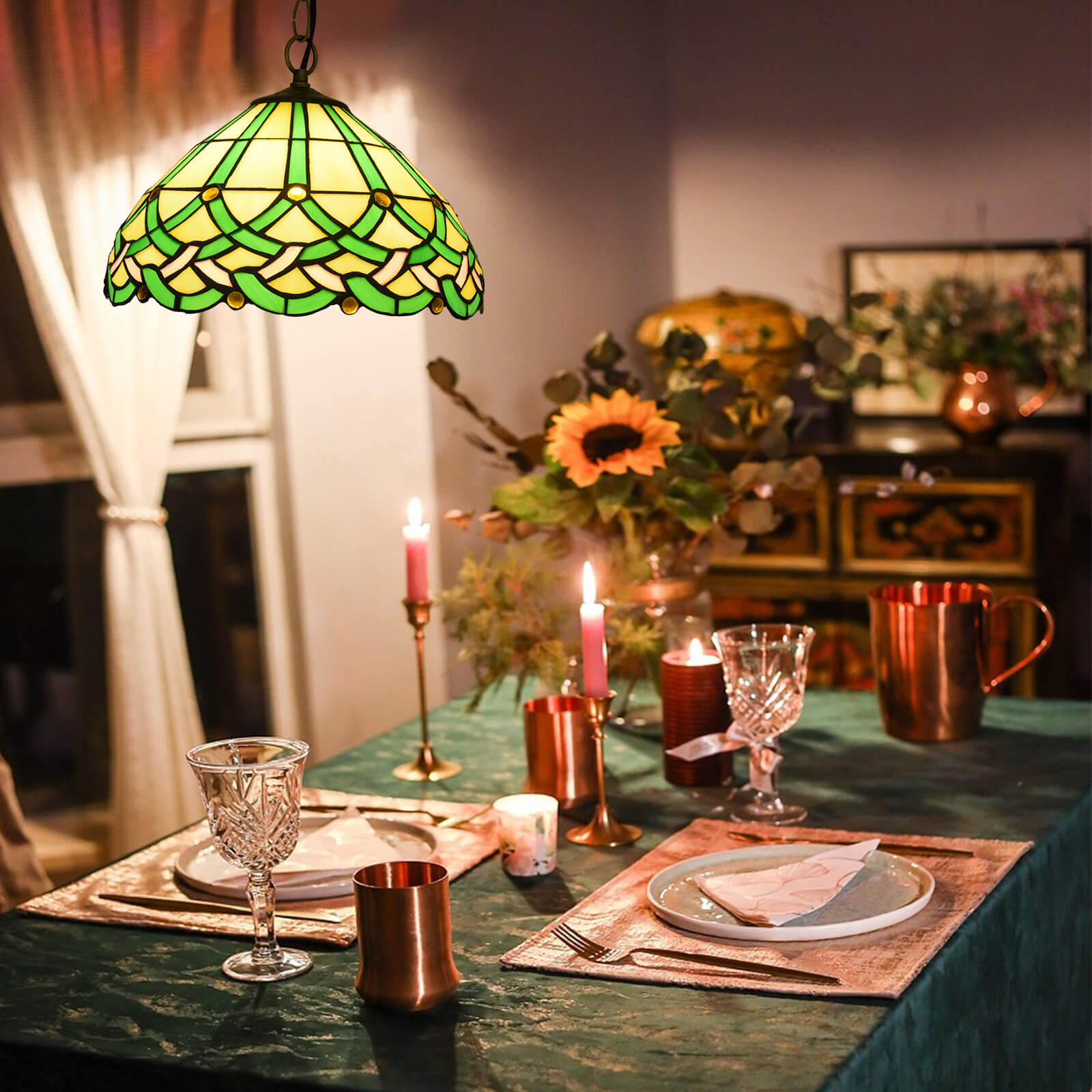 Tiffany Vintage Ligne Gemmes Cône Suspension Verre Métal Salon - Neutralighting
