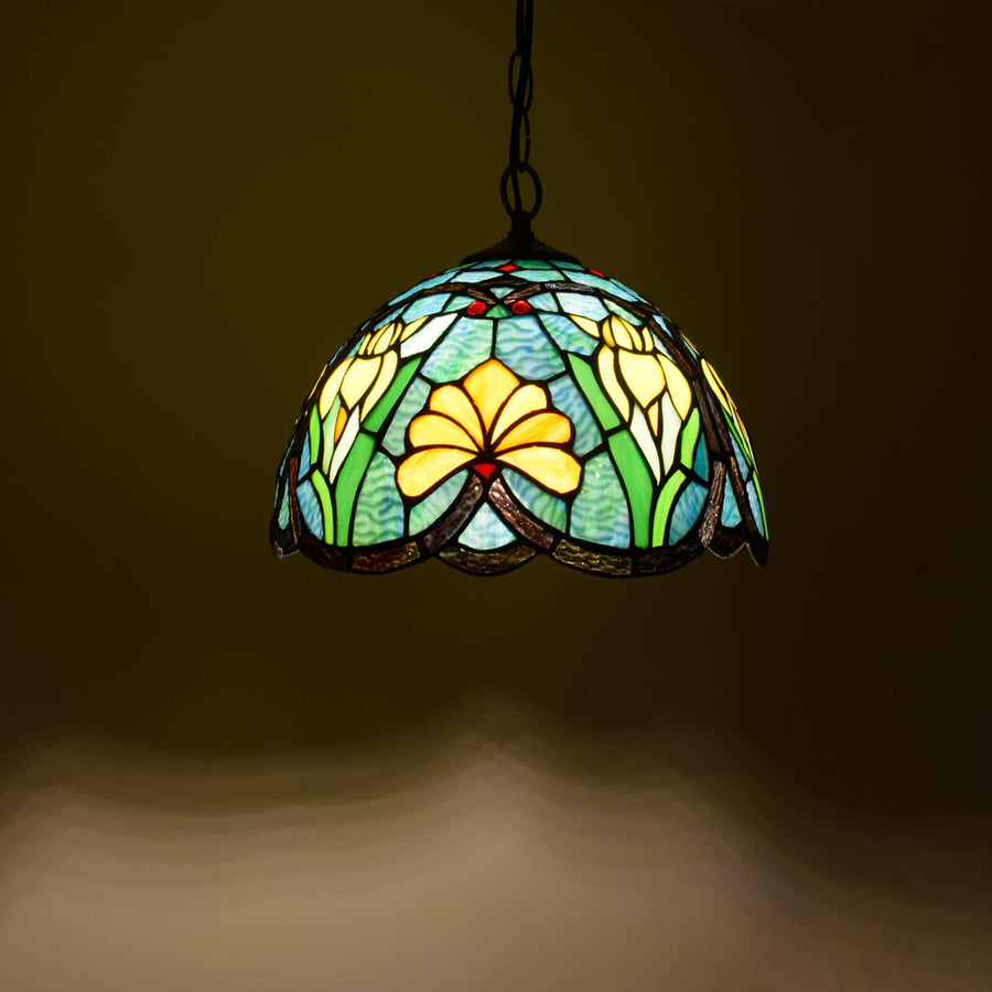 Tiffany Vintage Suspension Tachée Fleurs Verre Salon - Neutralighting