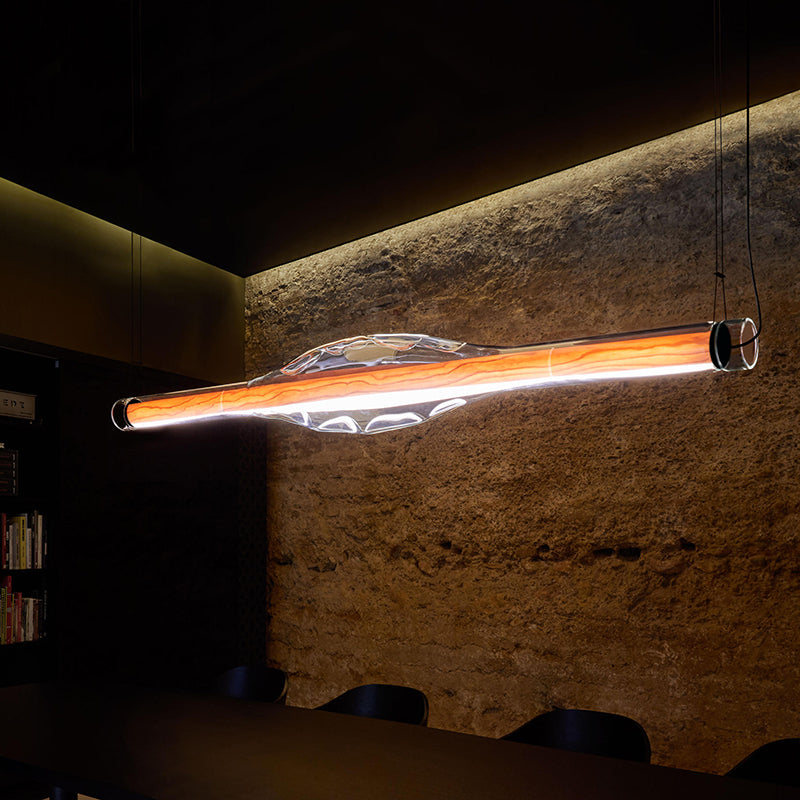 Ray Suspension Linéaire Industrielle, Métal /Acrylique, Rouge/Marron, Salon - Neutralighting