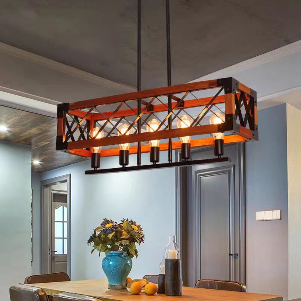 Silva Luminaires Suspensions Cage Industrielle Design Métal Bois Marron Salon/Cuisine/Bar - Neutralighting