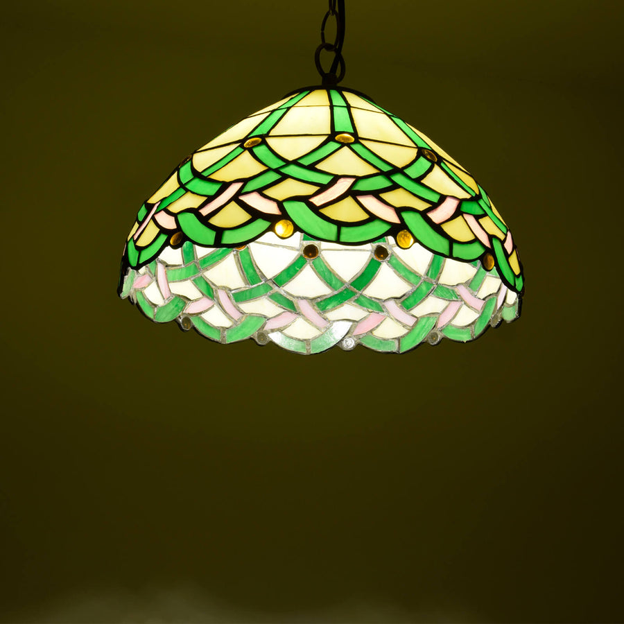 Tiffany Vintage Ligne Gemmes Cône Suspension Verre Métal Salon - Neutralighting