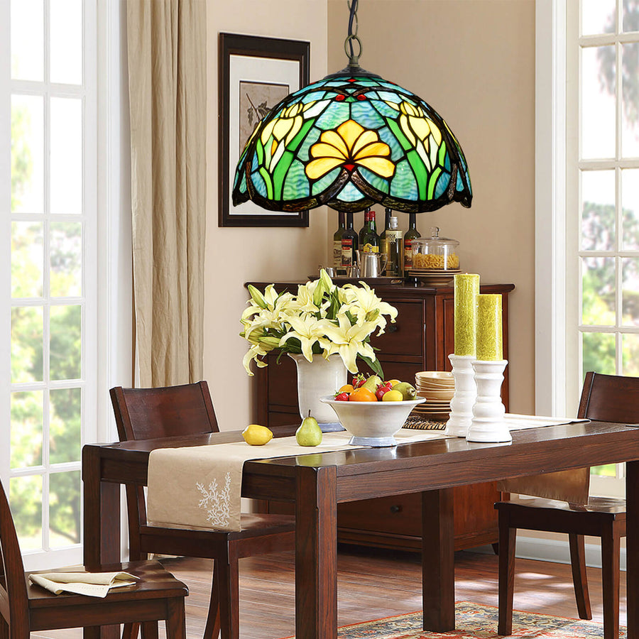 Tiffany Vintage Suspension Tachée Fleurs Verre Salon - Neutralighting