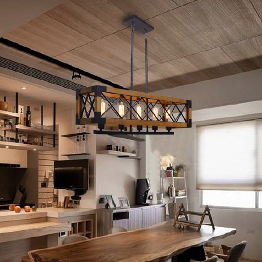Silva Luminaires Suspensions Cage Industrielle Design Métal Bois Marron Salon/Cuisine/Bar - Neutralighting