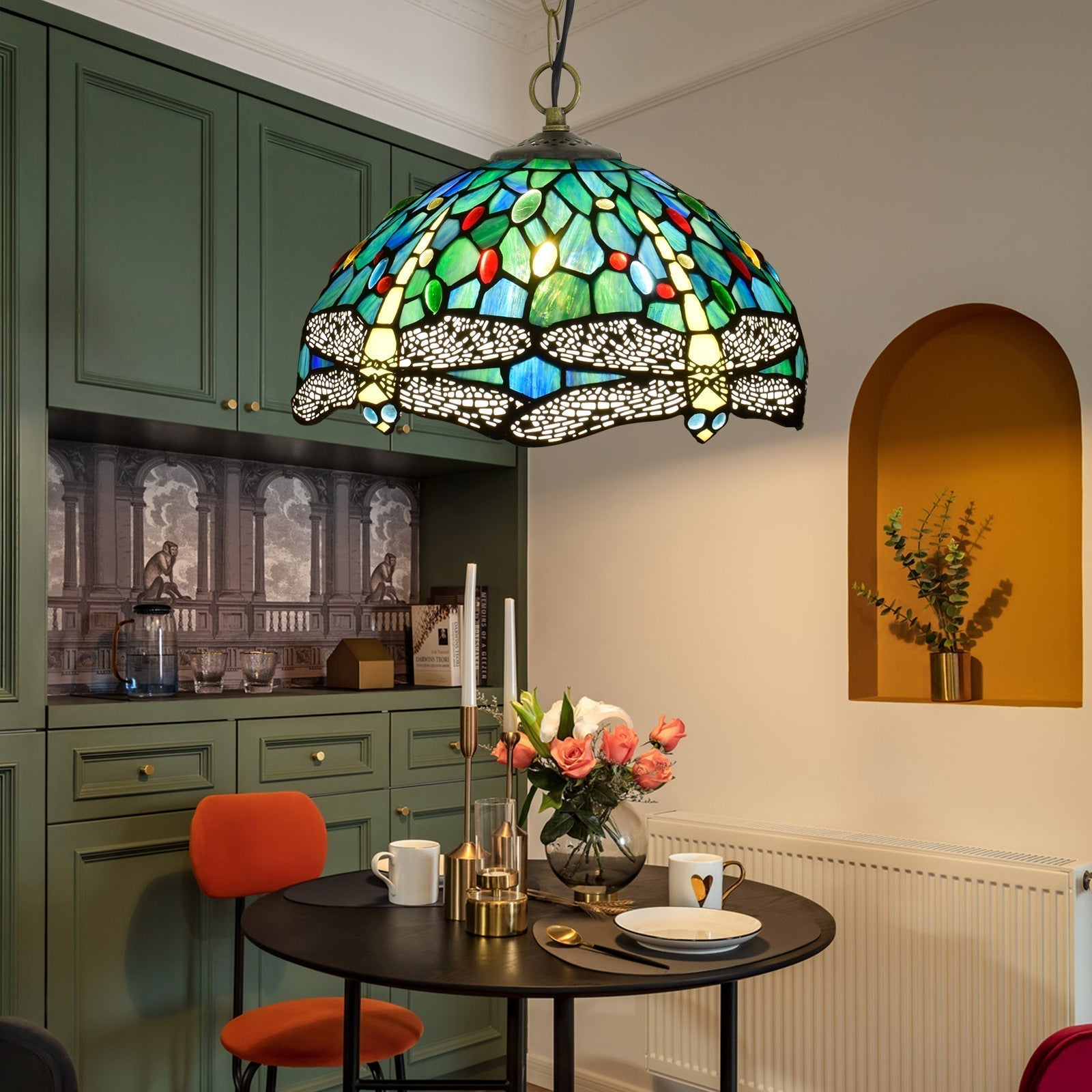 Tiffany Vintage Suspension Tachée Métal Verre Bol Chambre À Coucher - Neutralighting