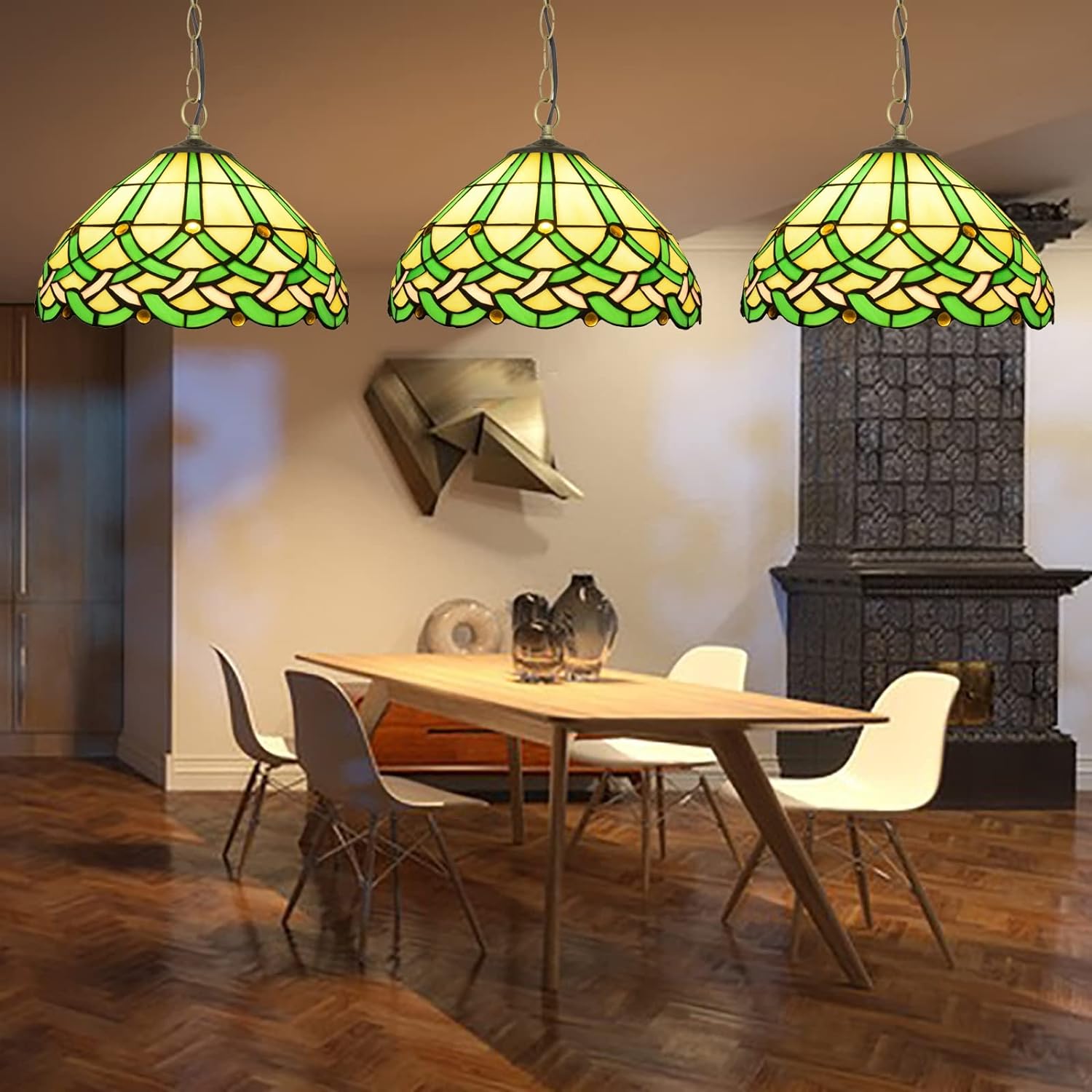 Tiffany Vintage Ligne Gemmes Cône Suspension Verre Métal Salon - Neutralighting