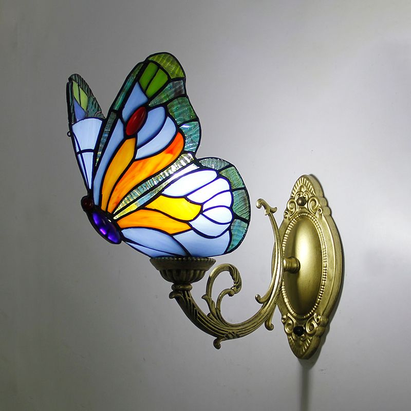 Arisha Applique Murale Papillon Tiffany, Métal/Verre, Bleu/Rouge/Multi-Couleurs/Bleu Clair - Neutralighting