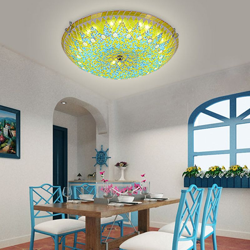 Tiffany Plafonnier Dôme Méditerranéen, Verre, Bleu/Jaune/Blanc, Salon - Neutralighting