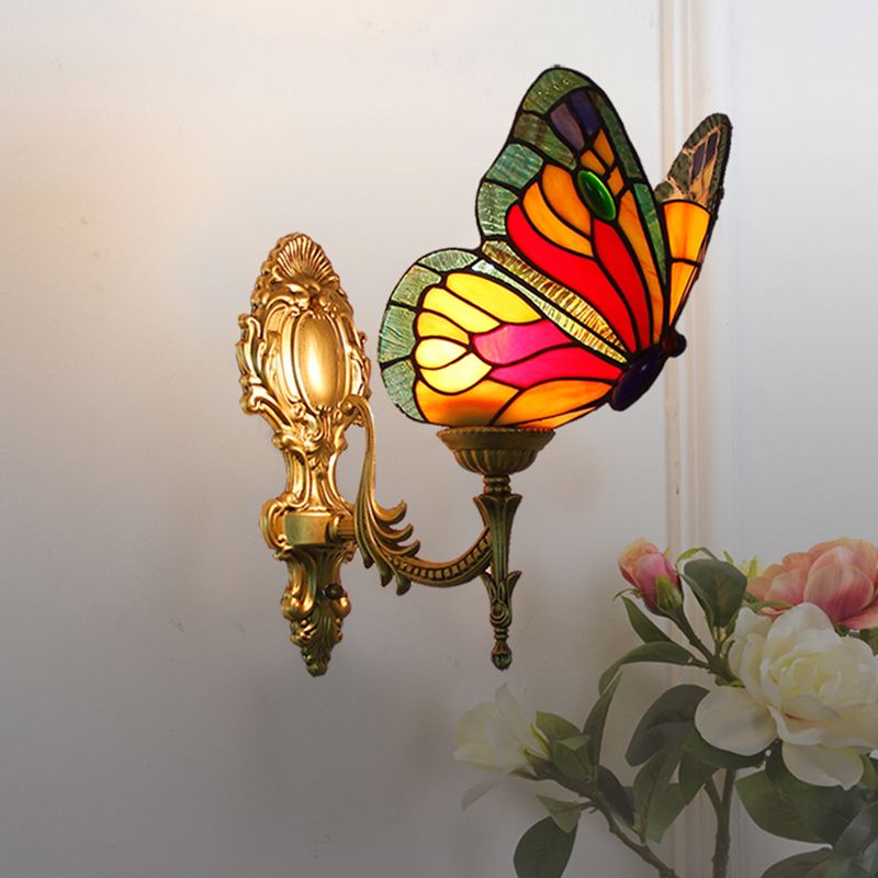 Arisha Applique Murale Papillon Tiffany, Métal/Verre, Bleu/Rouge/Multi-Couleurs/Bleu Clair - Neutralighting