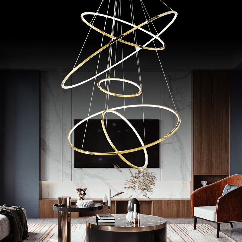 Arisha Grande Design LED Luminaires Suspensions Anneau Moderne Acrylique Doré Salon - Neutralighting