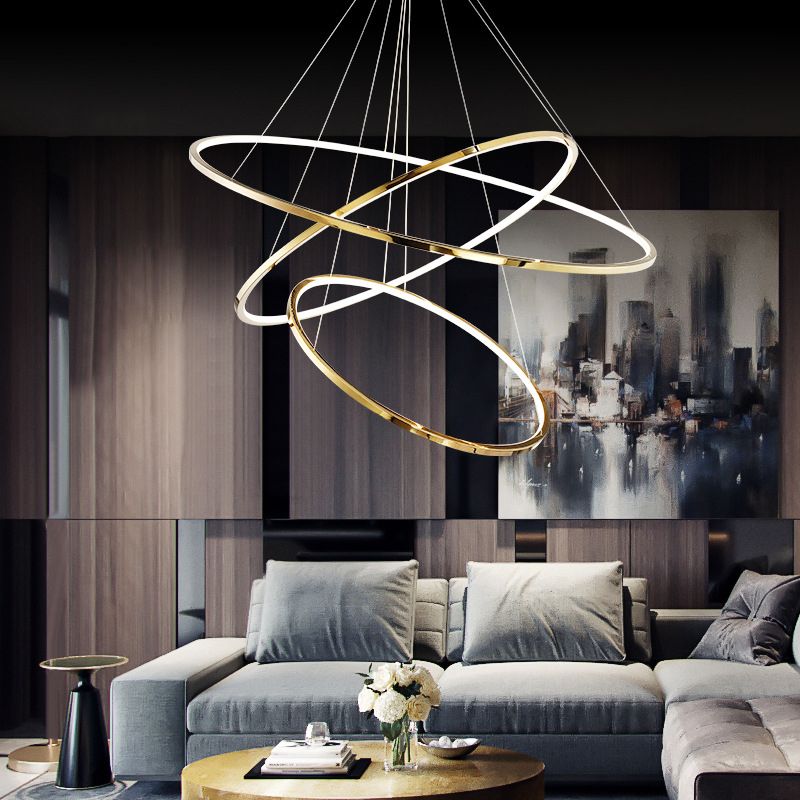 Arisha Grande Design LED Luminaires Suspensions Anneau Moderne Acrylique Doré Salon - Neutralighting