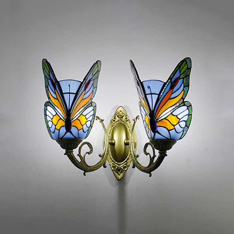 Arisha Applique Murale Papillon Tiffany, Métal/Verre, Bleu/Rouge/Multi-Couleurs/Bleu Clair - Neutralighting