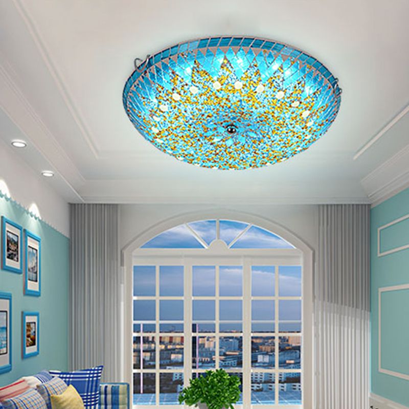 Tiffany Plafonnier Dôme Méditerranéen, Verre, Bleu/Jaune/Blanc, Salon - Neutralighting